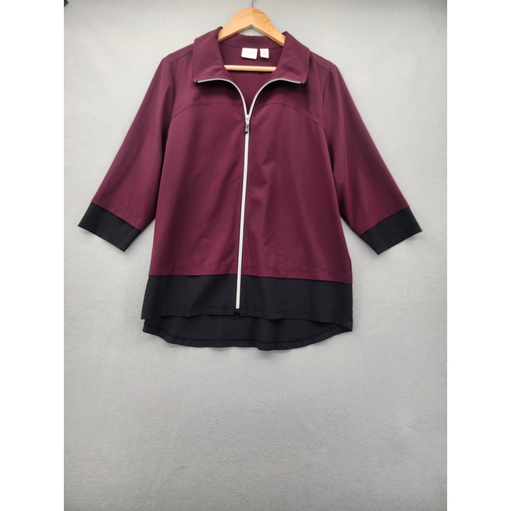 Weekends‎ by Chico's Burgundy Black Colorblock Zip Up Jacket 3/4 Sleeve Size 2 L